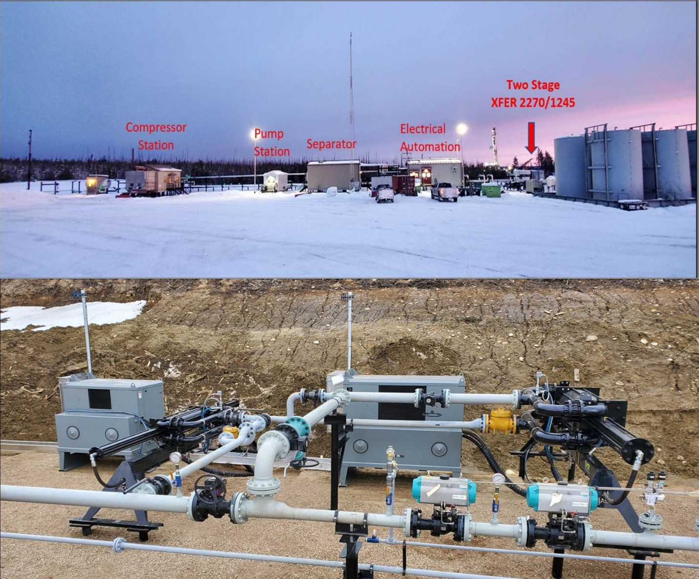 Facilities/fluid compression station before and after with two-stage IJACK XFER multiphase fluid transfer pump